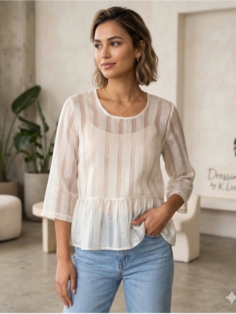 NWT Off white/ivory Sheer Peplum Blouse with gold detail vertical stripes